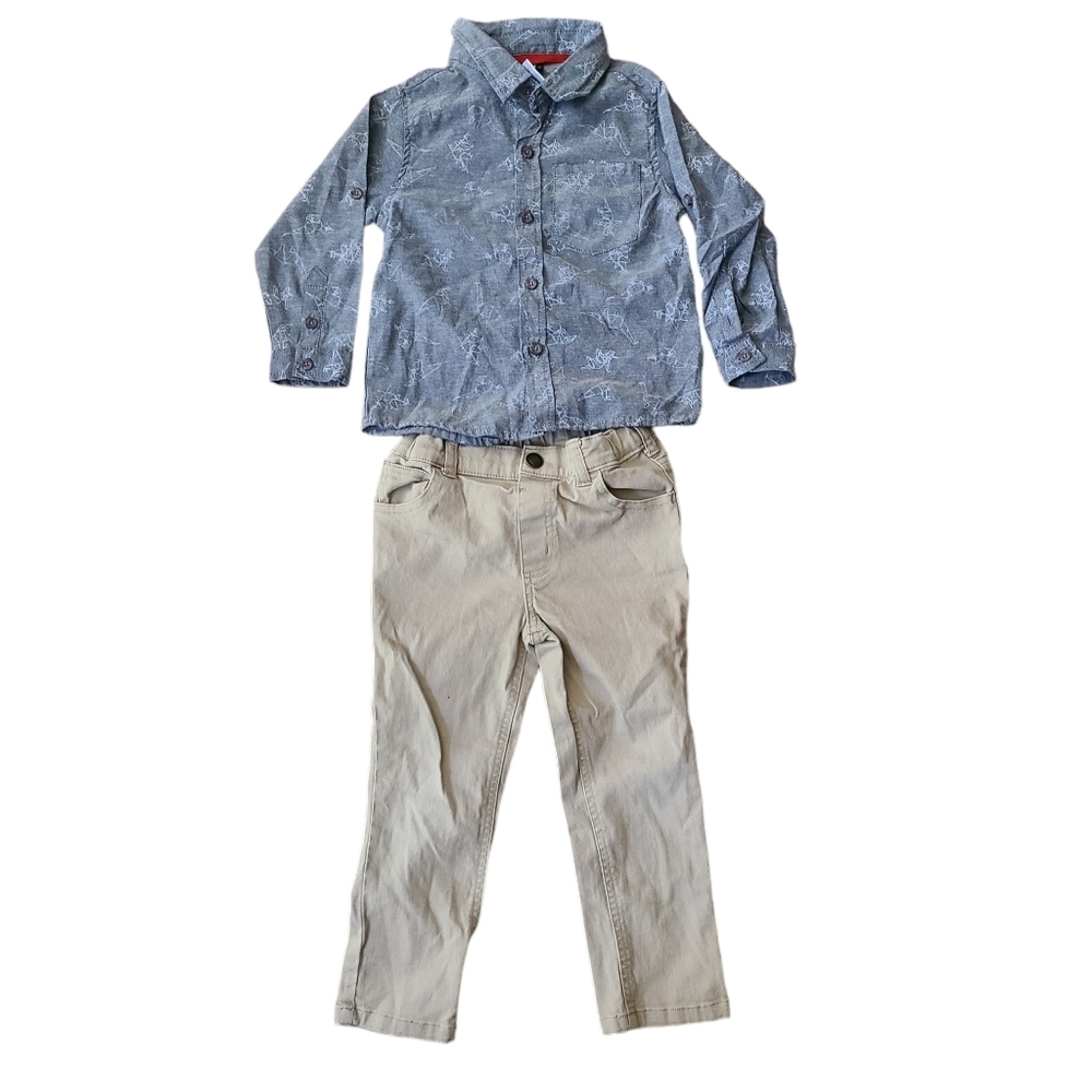 Boys Outfit Size 4 Dinosaur Chambray Button Up Garanimals Twill Pant